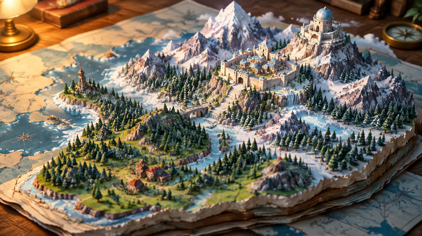 Sisi utara diorama: gunung bersalju dan kota benteng putih di punggung bukit.