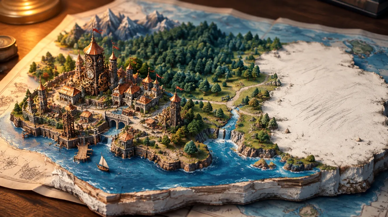 Papan pertarungan di sisi barat diorama: kota roda gigi Gearwick dan tanah yang sudah terhapus jadi kertas putih.